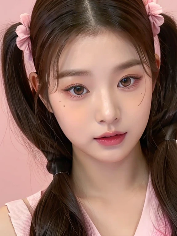 a close up of a woman with long hair wearing a pink dress and pink eyes, ulzzang, jaeyeon nam, wan adorable korean face, pigtails hairstyle, blackpink jennie, twintails hairstyle, lee ji - eun, lee ji-eun, heonhwa choe, two pigtails hairstyle, jinyoung shin, korean girl, white hime cut hairstyle, park ji-min, 🤤 girl portrait, hyper realistic aesthetic, small freckles, hyper realistic teenager, barbie doll, freckles!!!, detailed face, realistic, Físico : el abdomen más pequeño jamás visto, jisoo from blackpink, popular south korean makeup, quality detailed ,(beautiful makeup :1.2), Wide hips, big, big ass, (best quality, 8K, masterpiece: 1.3), Clear focus: 1.2, Perfect body beauty: 1.4, strong abs, Very detailed face and skin texture. , detailed eyes, double eyelids, (long hair), having very marked curves, with greater volume in ((breasts))