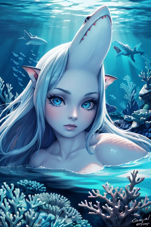 a shark girl, beautiful detailed eyes, beautiful detailed lips, extremely detailed eyes and face, long eyelashes, intricate scales, shark-like teeth, flowing hair, underwater scene, coral reefs, bioluminescent plankton, dramatic lighting, vibrant colors, (best quality,4k,8k,highres,masterpiece:1.2),ultra-detailed,(realistic,photorealistic,photo-realistic:1.37),concept art, digital art