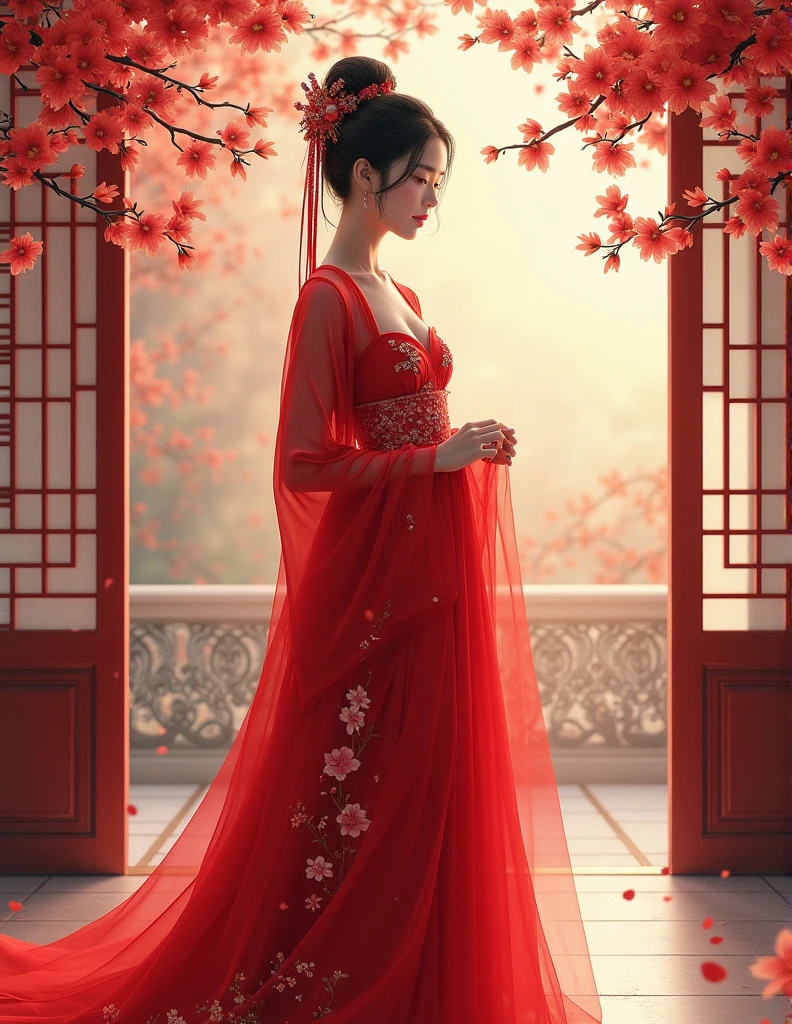 a fox wearing a white cheongsam with peony pattern, sitting by a red Chinese window