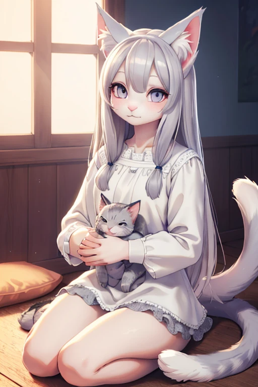 a beautiful girl with long gray hair, wearing a white blouse, playing with a fluffy cat with animal ears and a tail, in a detailed illustration, best quality, photorealistic, 4k, masterpiece, vibrant colors, soft lighting