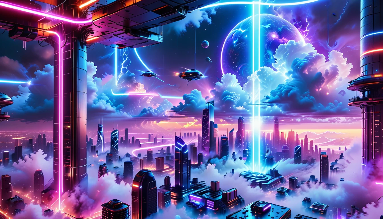 A Masterpiece In 32K Resolution, Supreme Quality, Super Detail, Official Art, Very High-Resolution 32K Wallpaper, Beautiful And Futuristic, Ultra-Detailed Features, Awe-Inspiring Detail. Neon-Lit, Cyberpunk Metropolis Set On A High-Tech, Advanced Planet.
The Scene Presents A Sprawling Cityscape Filled With Towering Skyscrapers, Bathed In A Glow Of Neon Lights. The Streets Are Alive With Flying Vehicles, Holographic Billboards, And Bustling Crowds Of Futuristic Beings. A Massive, Glowing Planet Hovers Above The City, Its Surface Reflecting The Neon Light Of The Metropolis Below. The Sky Is Filled With Swirling Clouds Of Bright Blues And Purples, Enhanced By The Luminescence Of Electric Circuits And Energy Grids. The Atmosphere Feels Vibrant, High-Tech, And Energetic, With A Sharp, Dynamic Quality Brought By The Use Of Long Exposure. Neon Blues, Purples, And Pinks Dominate The Scene, Creating A Vivid, Modern Aesthetic That Fuses Sci-Fi With Reality.