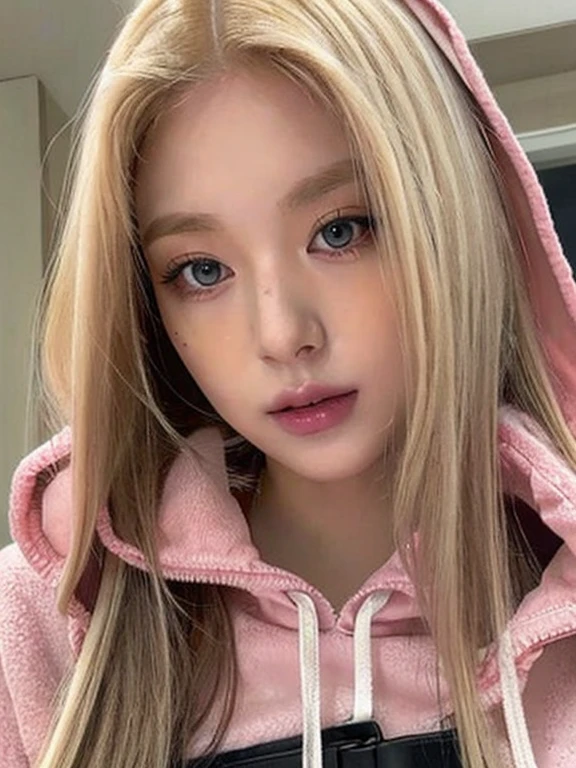 a close up of a person with long blonde hair wearing a hoodie and pink eyes, with long blond hair, with white long hair, extremely pale blond hair, with very long blonde hair, very very pale blond hair, with long white hair, with long hair, ulzzang, cruel korean goth girl, blonde anime girl with long hair, rena nounen style 3/4, 🤤 girl portrait, hyper realistic aesthetic, small freckles, hyper realistic teenager, barbie doll, freckles!!!, detailed face, realistic, Físico : el abdomen más pequeño jamás visto, jisoo from blackpink, popular south korean makeup, quality detailed ,(beautiful makeup :1.2), Wide hips, big, big ass, (best quality, 8K, masterpiece: 1.3), Clear focus: 1.2, Perfect body beauty: 1.4, strong abs, Very detailed face and skin texture. , detailed eyes, double eyelids, (long hair), having very marked curves, with greater volume in ((hips and breasts)), which makes the waist look much smaller ((wasp waist))