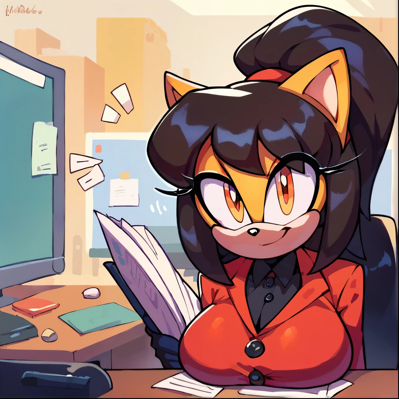 score_9, score_8_up, 2D, flat color, office background, looking at viewer, 1girl, very detailed, extremely detailed, honey the cat from the sonic the hedgehog series, portrait, curious expression, small smile, sound lines, makeup, long ponytail, (businesswoman attire), pencil skirt, ((pantyhose)), large bust, milf
