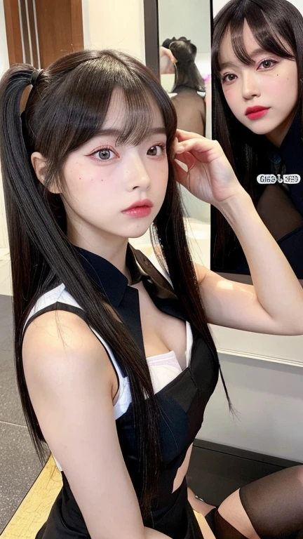 there is a woman in a black dress posing for a picture, with black pigtails, anime girl cosplay, belle delphine, anime girl in real life, japanese goddess, chinese girl, shikamimi, kanliu666, anime cosplay, asian girl, black hime cut hair, trending at cgstation, cheongsam, chinese style, 🤤 girl portrait, hyper realistic aesthetic, small freckles, hyper realistic teenager, barbie doll, freckles!!!, detailed face, realistic, Físico : el abdomen más pequeño jamás visto, jisoo from blackpink, popular south korean makeup, quality detailed ,(beautiful makeup :1.2)