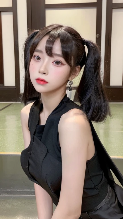 there is a woman in a black dress posing for a picture, with black pigtails, anime girl cosplay, belle delphine, anime girl in real life, japanese goddess, chinese girl, shikamimi, kanliu666, anime cosplay, asian girl, black hime cut hair, trending at cgstation, cheongsam, chinese style, 🤤 girl portrait, hyper realistic aesthetic, small freckles, hyper realistic teenager, barbie doll, freckles!!!, detailed face, realistic, Físico : el abdomen más pequeño jamás visto, jisoo from blackpink, popular south korean makeup, quality detailed ,(beautiful makeup :1.2)