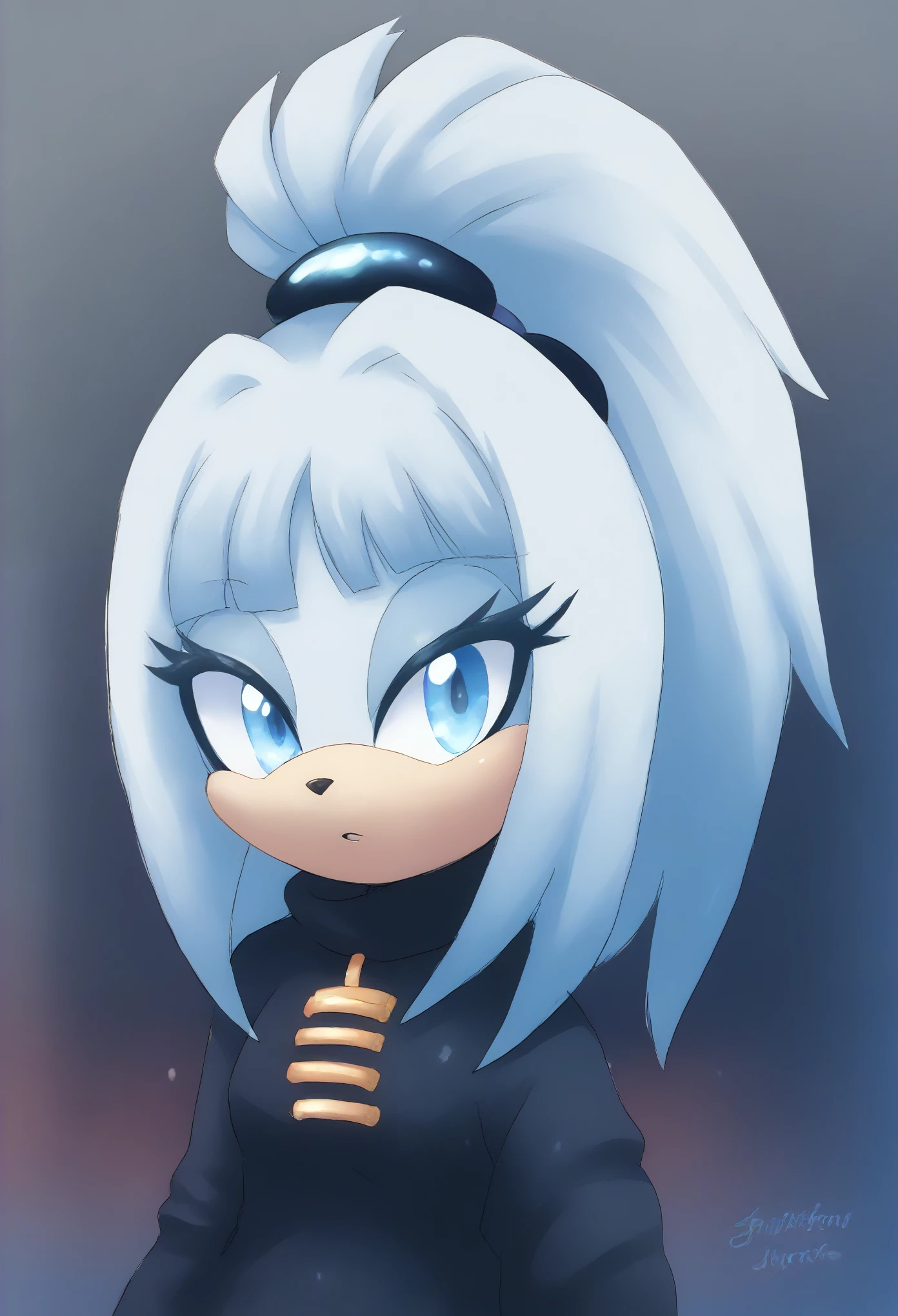 (1girl), (solo), Female Echidna, light red colored fur, long ponytail, fringe_trim styled hair bangs, blue eyes, medium bust, casual clothing, eyelashes, mobian, mobius city
