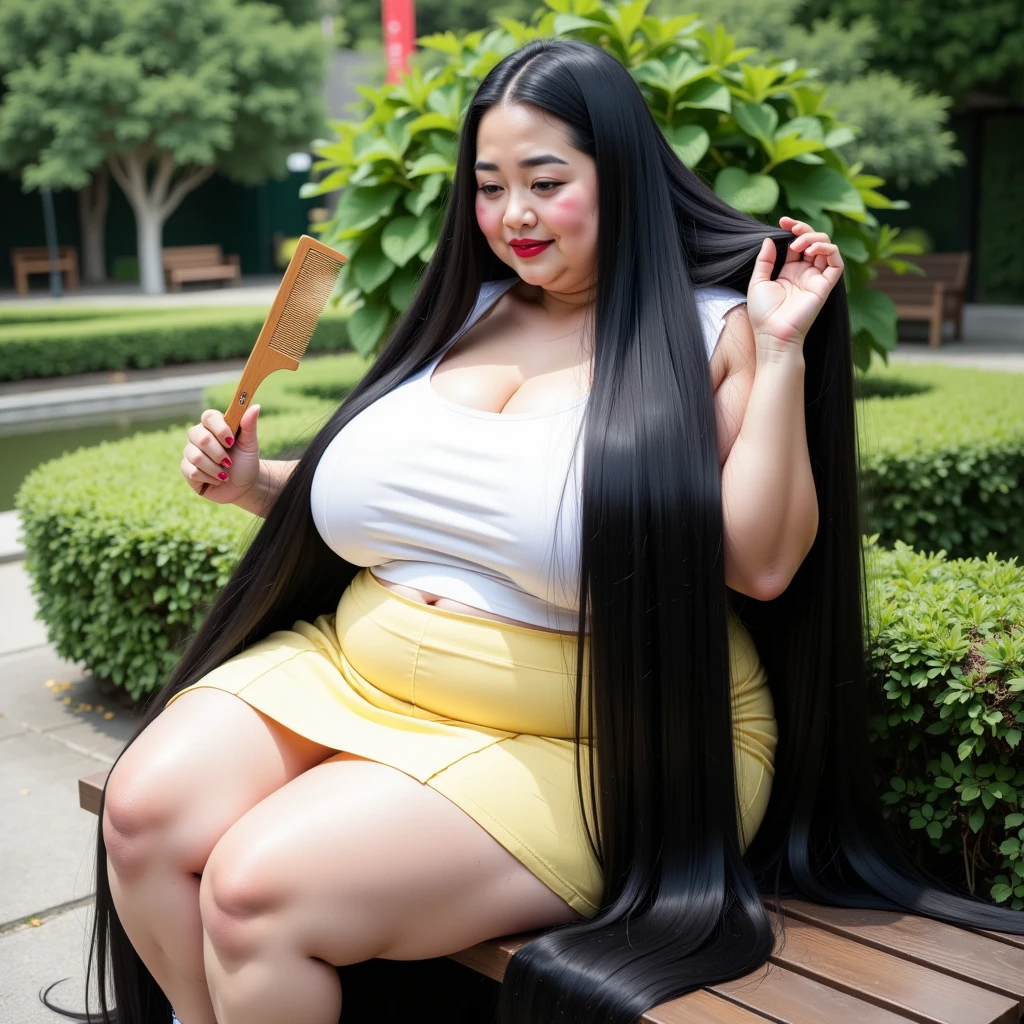 8k,Highest quality, masterpiece, Ultra-high resolution,(masterpiece:1.6, Highest quality), Intricate details, Middle-aged woman in her 50s,Japanese, alone, full body, ((Absurdly Long hair:1.5)),top of head,(jet Black Hair), (forehead:1.5), (Extremely obese:1.3), (Fat face:1.3), (round face:1.2), (Saggy face:1.3), crow's feet wrinkies, (saggy body), ((Super huge breasts:1.8)), ((super Saggy breasts:1.8)), ((cleavage:1.6)), ((big nipples, super huge areola:1.8)),((Abnormally long, beautiful black hair that reaches down to her heels:1.5)), ((Her excessively long black hair reaches the ground:1.5)), ((pale skin, shiny skin,Smiling happily,heavy makeup, pink cheek, red lips, thick lips:1.1)),((White sleeveless, Yellow mini skirt,White Shoes:1.3)),((The mature woman is combing her incredibly long, lustrous black hair.:1.7)),((1lady, 1man, A young man sitting next to a mature woman is touching her incredibly long, lustrous black hair.:1.5)),((garden,bench,Wooden comb,giant hair clip:1.2))