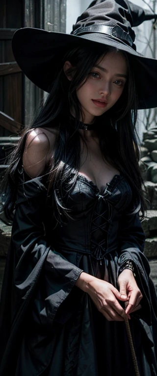 anime style full length portrait of a pretty young woman in gothic style clothes and long black hair with cinematic lighting