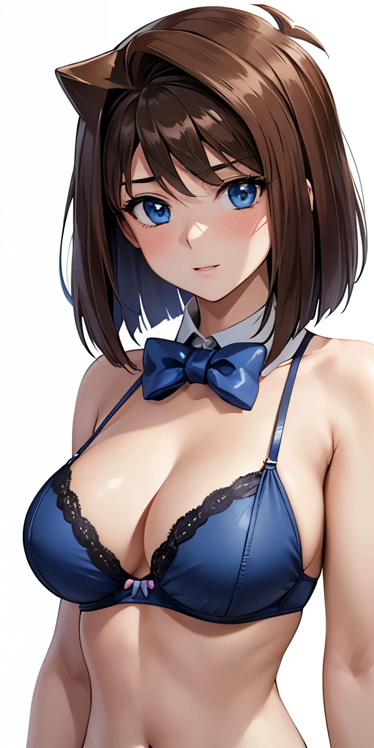 1 Female,High definition,high resolution,Ultra-realistic,8K, aamazaki, (antenna hair:1.2), blue bowtie,blue eyes,European,sexy,Upper body close-up,Photographed from the front,Dynamic Angles,private teacher,A little sheer underwear, underwear,blush, big tits 