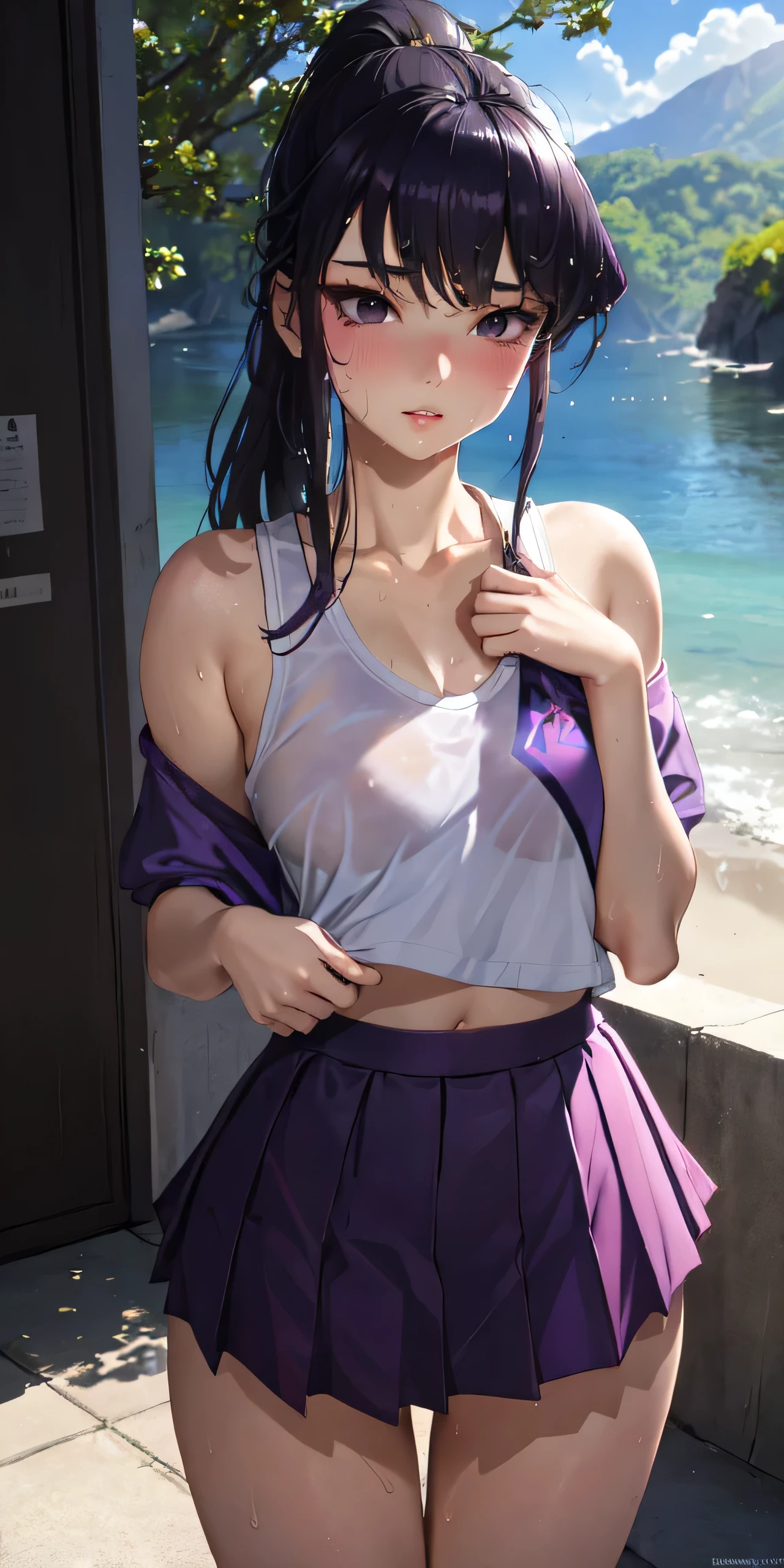 realistic, 1girl, Komi Shouko, ponytail, parted lips, blush, makeup, light smile, purple hair, sportswear, skirt, wet clothes, glow, thighs, purple eye, bare shoulders, collarbone, narrow waist, sunbeam, sunlight, rose, wind, cleavage, (masterpiece), sweat,