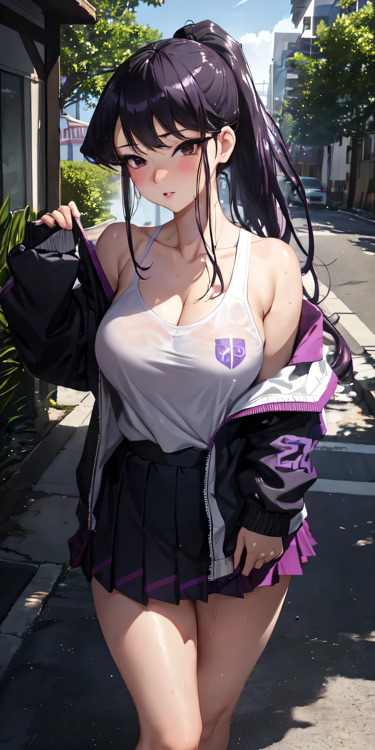 realistic, 1girl, Komi Shouko, ponytail, parted lips, blush, makeup, light smile, purple hair, large breasts, sportswear, skirt, wet clothes, glow, thighs, purple eye, bare shoulders, collarbone, narrow waist, sunbeam, sunlight, rose, wind, cleavage, (masterpiece), sweat,