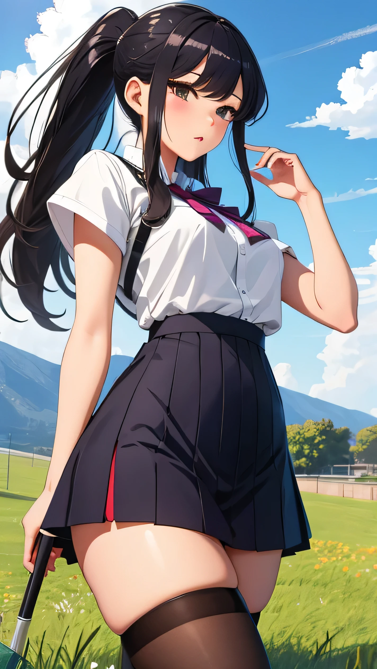 whaite hair，schoolgirls，anime big breast，pupils，school ground，blackstockings