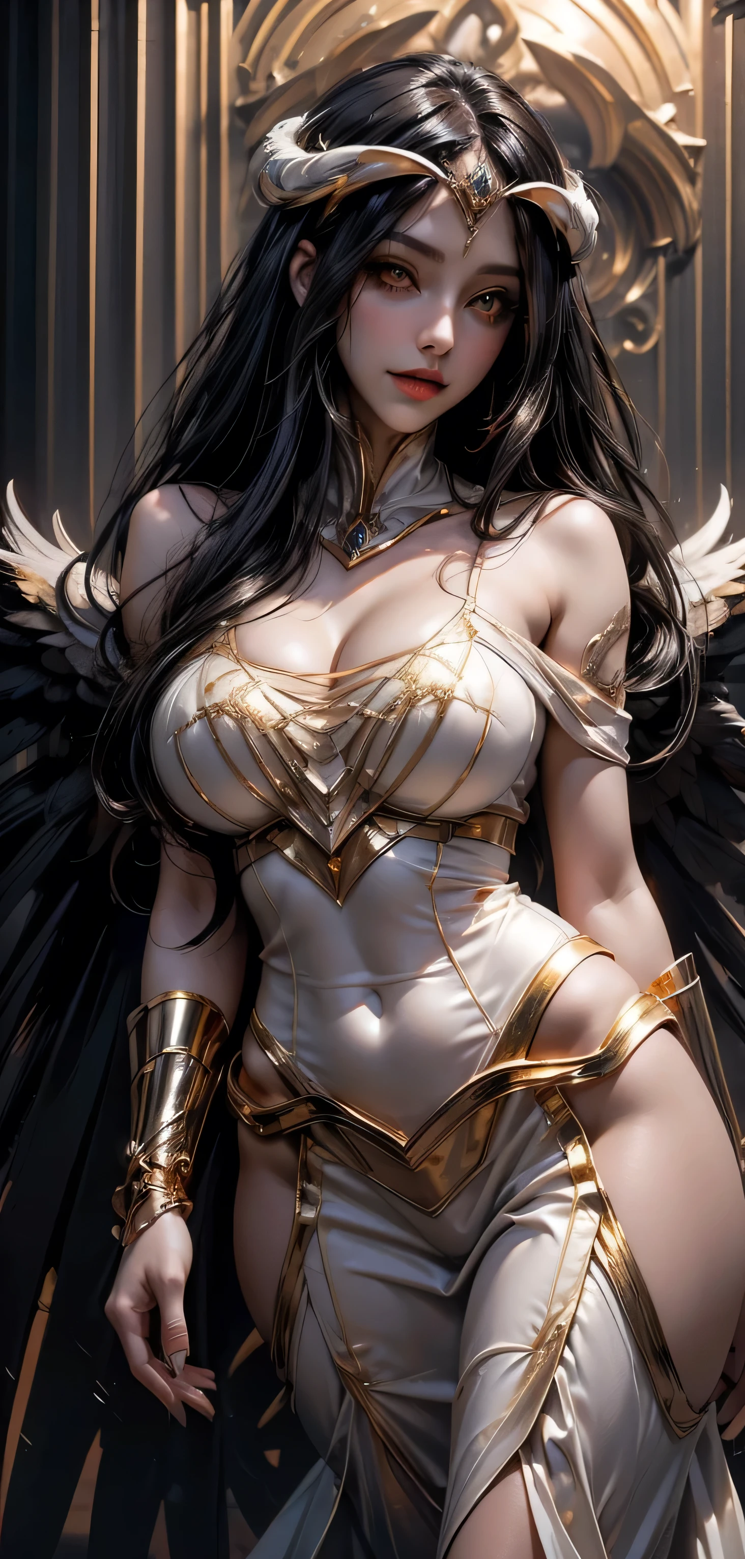 Beautiful demon girl,(best qualtiy,8K,tmasterpiece:1.3),Goose egg face,largeeyes,long eyelasher,With bangs,Cool handsome,Domineering,Exquisite(live-action realistic style),Star-like eyes,Ultimate face,Photorealistic light and shadow,Clear facial features,Milky white skin,Fair skin, highdetailskin, Realistic skin details, Visible Pore,(Super detail),Petite body,Carmelto, full bodyesbian,She wears long loose black hair and reaches her waist,(hair flowing), Smoothness,Huge wings,Crystal wings,(Super detail),Cloaked in simple armor,((dynamicposes))),((sexyposture))),(Two ice planet backgrounds(Binary orbital flight)),space,salama,Dramatic scenes,Huge snowy mountains,NSFW:1.07