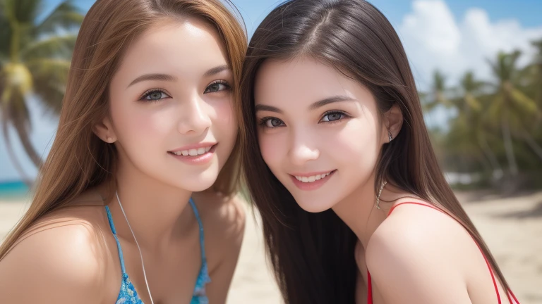 (2young girl), (ultimate beautiful girl), (cute face), (Happiness, the smile of a goddess), cleavage, (Best Quality:1.4), (Ultra-detailed), (extremely detailed beautiful face:1.2), (highly detailed Beautiful face), (extremely detailed CG unified 8k wallpaper), High-definition raw color photos, Professional Photography, Extremely high resolution, fashionable, Highly detailed, bikini, beach, palm trees, staring at me