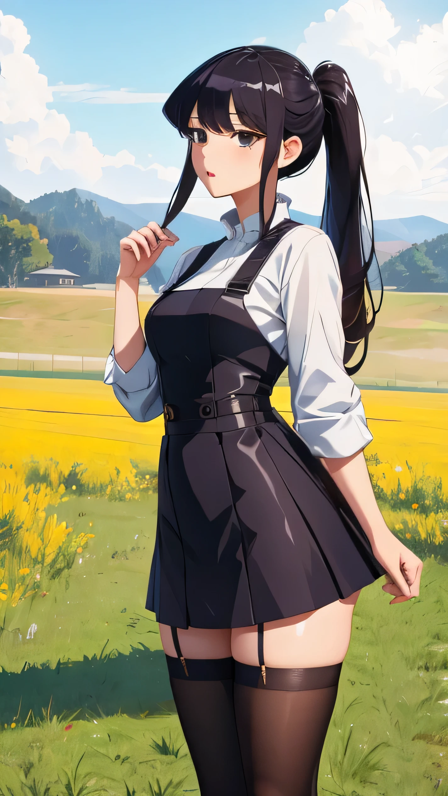 best quality, 1girl, masterpiece ultra detailed, illustration, komi shouko, glossy lips, standing, ponytail, thigh highs, grass