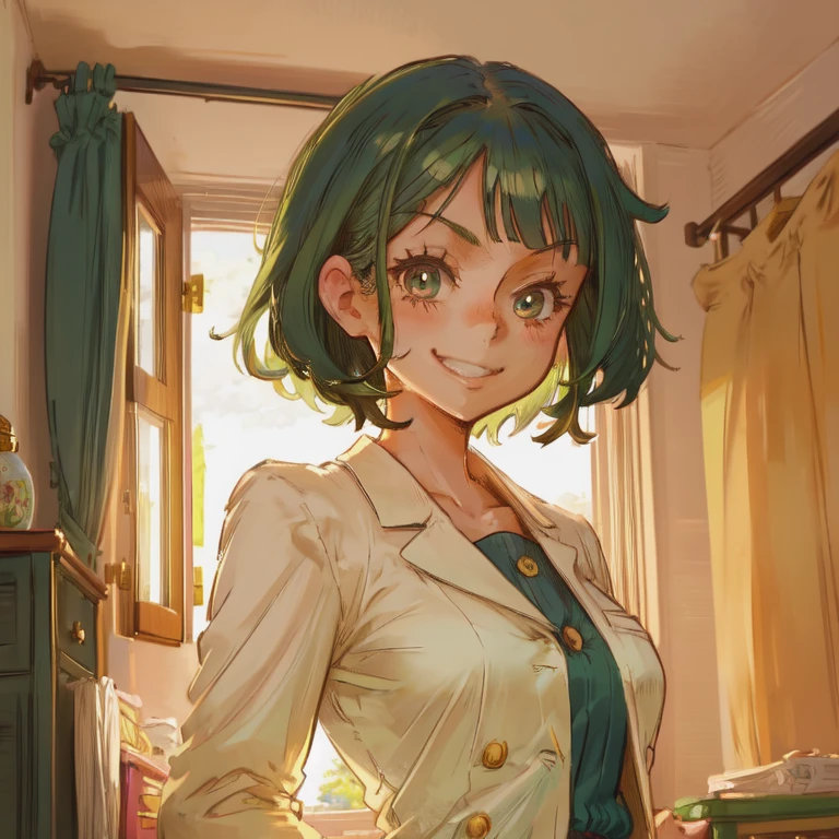 1 girl, hands on the back, school girl, short, (smiling with teeth), cheerful, ((blushing)), medium hair, [green hair], ((detailed eyes)), green irises, white blazer, black skirt, medium breasts, (half-length portrait), (in a dorm room), golden hour, masterpiece, (high definition), smooth and clean, one piece artstyle