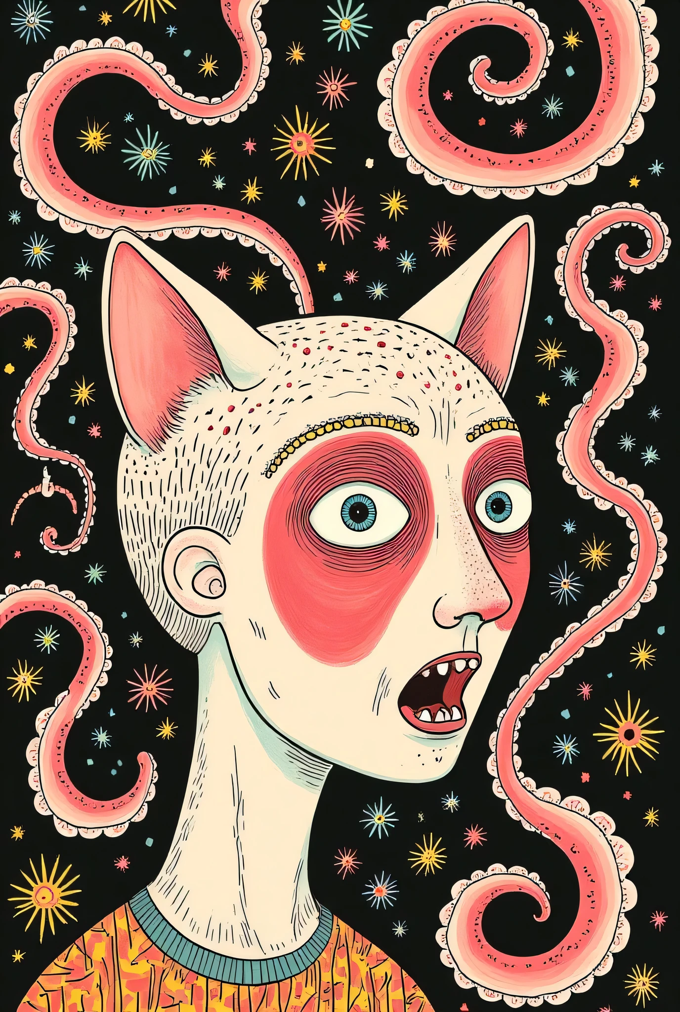 (masterpiece, best quality:1.2), Surreal Psychedelic, cat, red eyes