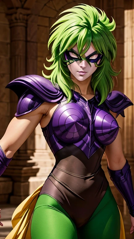 Realistic 1.2, Create a Silver Armored Woman of Ophiuchus with an imposing and powerful appearance. Your armor is purple, covering only essential parts of the body, like shoulders, chest and waist, leaving other areas exposed to highlight your mobility and strength. The armor has an elegant design, with details that shine in the light.

She has short, spiky green hair., that add a wild touch to your look. your eyes are purple, with an intense and determined expression. Your pants are green, adjusted to allow  of movement, and her high heel shoes are brown, accentuating his imposing posture.

She has sharp nails and a white mask that covers part of her face., adding a mysterious and enigmatic element to your image. She stands in a fierce and confident fighting pose, showing your strength and skill. The combination of your armor, the green hair and purple eyes highlight her beauty and power, while the setting is a dramatic environment that reinforces its dominant presence.
Saint Seiya Anime Style