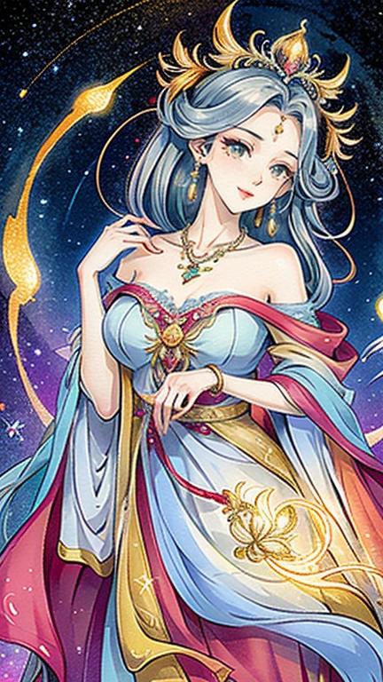 （masterpiece，Best Quality，High resolution, Unity8k wallpaper, Official Art), (One young beautiful girl), colorful, Detailed illustration art, Super detailed，Large Breasts, (Intertwined, Datura stramonium, Tangle), The Goddess, White lace dress, Silver Tiara, necklace, earrings, Gold Bracelet, Off the shoulder, Look at me and smile, Divine Light, Like a painting, flash drawing，Vibrant colors, Perfect Majic, Fantasy World, background, star雲, star, milky way, Detailed digital art, 