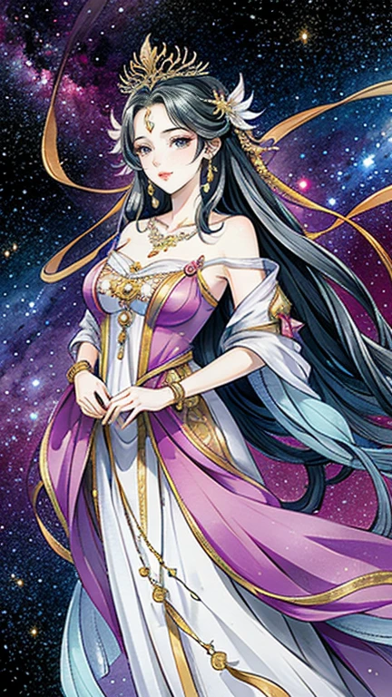 （masterpiece，Best Quality，High resolution, Unity8k wallpaper, Official Art), (One young beautiful girl), colorful, Detailed illustration art, Super detailed，Large Breasts, (Intertwined, Datura stramonium, Tangle), The Goddess, White lace dress, Silver Tiara, necklace, earrings, Gold Bracelet, Off the shoulder, Look at me and smile, Divine Light, Like a painting, flash drawing，Vibrant colors, Perfect Majic, Fantasy World, background, star雲, star, milky way, Detailed digital art, 