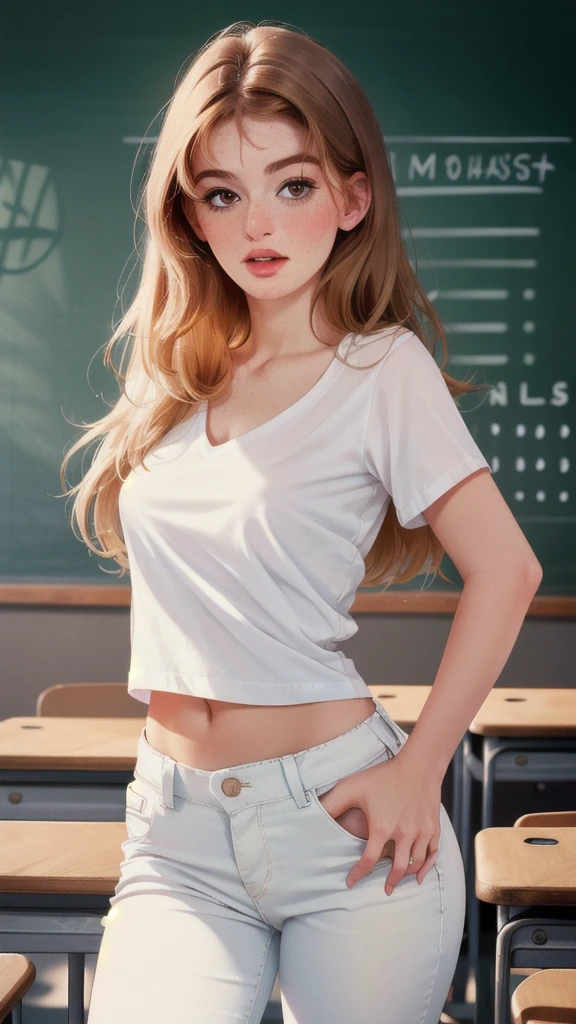 a professional photograph of fay3, a gorgeous woman wearing a white t-shirt and jeans, hands on hips, ((sultry flirty look)), cute natural makeup, ((standing in a classroom)), blackboard, ultra realistic, elegant, highly detailed, intricate, sharp focus, depth of field, f/1.8, 85mm, medium shot, mid shot, (centered image composition), (professionally color graded), ((bright soft diffused light)), trending on Instagram, trending on tumblr, 4k, detailed skin texture, (blush:0.5), (goosebumps:0.5), subsurface scattering,  