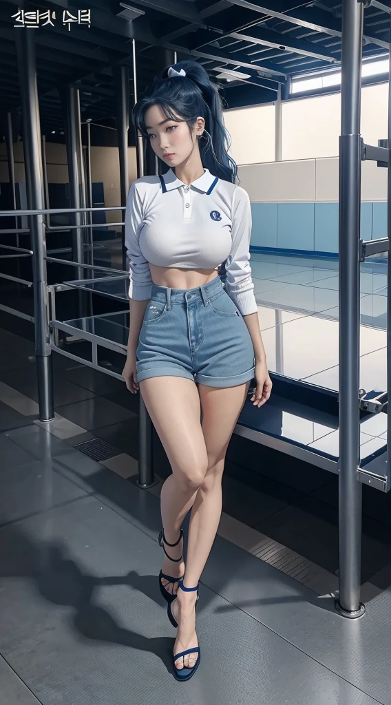 8k HD good quality image. Hot Korean woman has an ideal body, big breast, big butt, sexy wavy body, pony tailed hair, wearing blue tight polo, tight skinny blue jeans, and blue high heels. FULL BODY FROM HEAD TO TOE. FULL HEIGHT FROM HEAD TO TOE. 

The picture must show a complete head to toe picture of the hot Korean