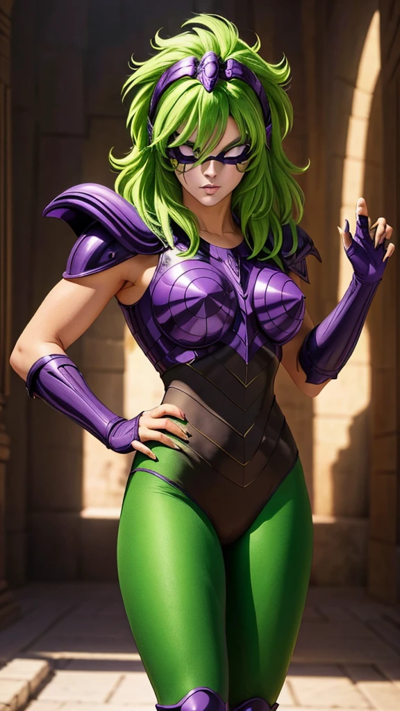 Realistic 1.2, Create a Silver Armored Woman of Ophiuchus with an imposing and powerful appearance. Your armor is purple, covering only essential parts of the body, like shoulders, chest and waist, leaving other areas exposed to highlight your mobility and strength. The armor has an elegant design, with details that shine in the light.

She has short, spiky green hair., that add a wild touch to your look. your eyes are purple, with an intense and determined expression. Your pants are green, adjusted to allow  of movement, and her high heel shoes are brown, accentuating his imposing posture.

She has sharp nails and a white mask that covers part of her face., adding a mysterious and enigmatic element to your image. She stands in a fierce and confident fighting pose, showing your strength and skill. The combination of your armor, the green hair and purple eyes highlight her beauty and power, while the setting is a dramatic environment that reinforces its dominant presence.
Saint Seiya Anime Style