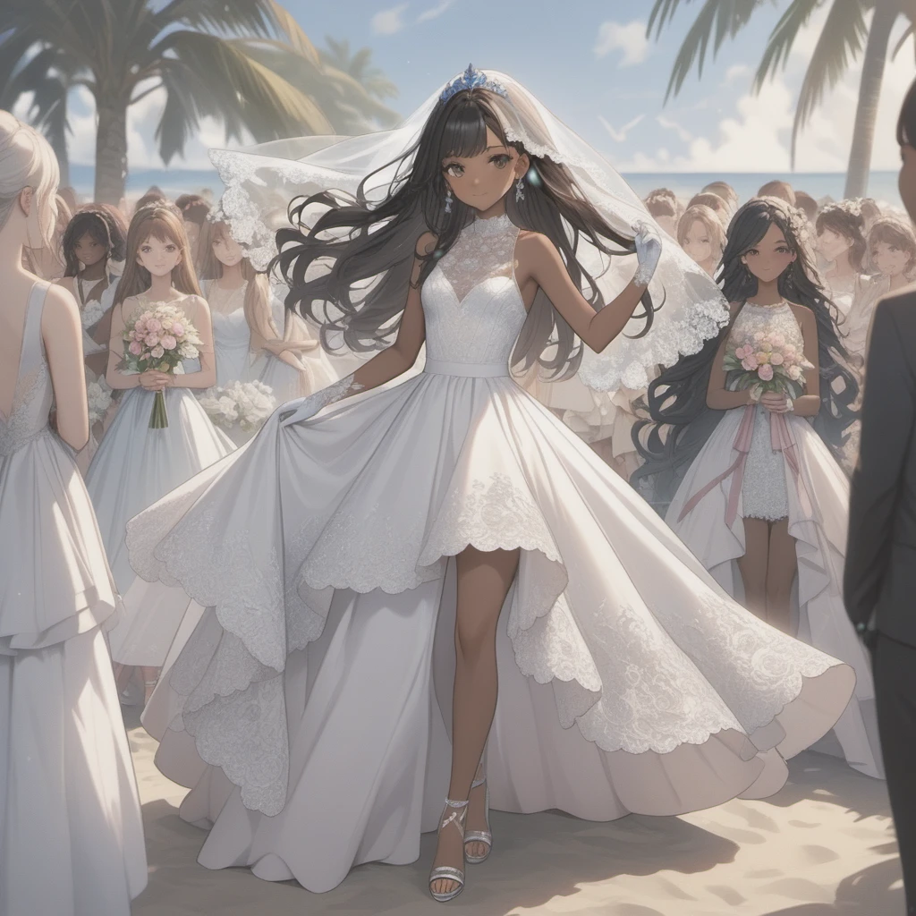 Two Brides:
first woman with a sleeveless wedding dress, lace top, with trans flag colors(blue, white, pink), black eyes,(((brown skin))), transparent wedding veil, wearing white finger gloves, purple tiara, long wavy black hair, wearing silver high heels sandals;
second woman with a sleeveless wedding dress, lace skirt, brown eyes,(((brown skin))), transparent wedding veil, wearing white gloves, pink bow, curly black hair, wearing silver high heels sandals;
Standing on altar of flowers, both holding a bouquet, with cute smile, posing, face blushing, beach wedding background, high quality, masterpiece, anatomically correct, detailed background, better quality, original work, focus on details, people's around, front view, earrings, wind blowing, cute makeup, one hand in hair, full body view, posing with her wife. Kissing.
LONG DRESSES, both with brown skins