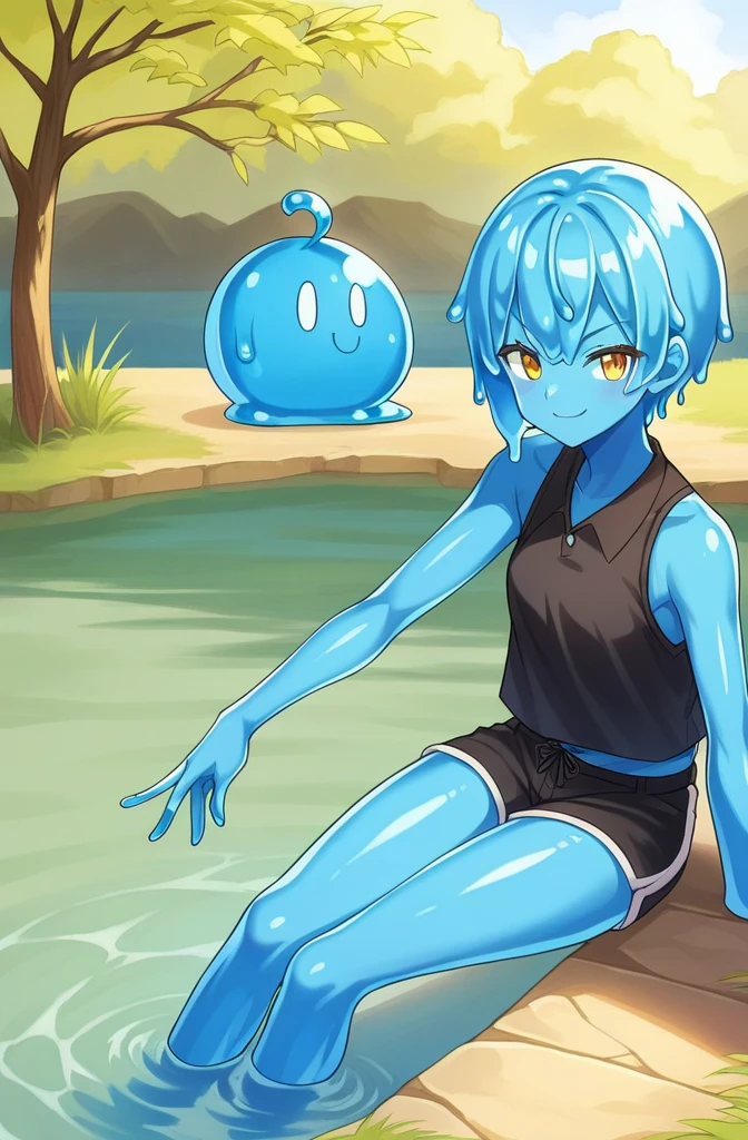 1girl, Chica Slime, Flor, flor del cabello, al aire libre, Disparo de vaquero, ropa mojada, Wet, sentado sobre el agua, Agua, Obra maestra, La mejor calidad, Obra maestra, La mejor calidad, Obra maestra, Obra maestra, La mejor calidad, La mejor calidad, Obra maestra, Obra maestra, La mejor calidad, Obra maestra, Obra maestra, La mejor calidad, Obra maestra, La mejor calidad,blue skin, piel transparente,slime hair,camiseta verde