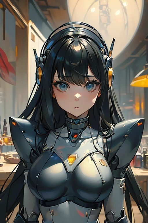 (masterpiece),(Highest quality),(Super detailed),(Best illustrations),(Best Shadow),(Absurd),(Detailed Background),(so beautiful), 16K, 8K, 4K,(Best Shadow),robotization,woman ,big bust,Robot Joint ,Metal skin,Black robot Suit,long hair,a black robot suit that covers the whole body,robot hand,cyber bodysuit,mecha head,(Detailed hands and fingers:1.2),Ball joint robot body,doll joint,beautiful face,beautiful robot girl,robotic eye,robotic hands,(no more human skin),android girl,cyborg girl,F cup, sexy body,(machine made joints:1.2),(machanical limbs:1.1),(blood vessels connected to tubes),(mechanical vertebra attaching to back),(mechanical cervial attaching to neck),no messy picture style,no emotion