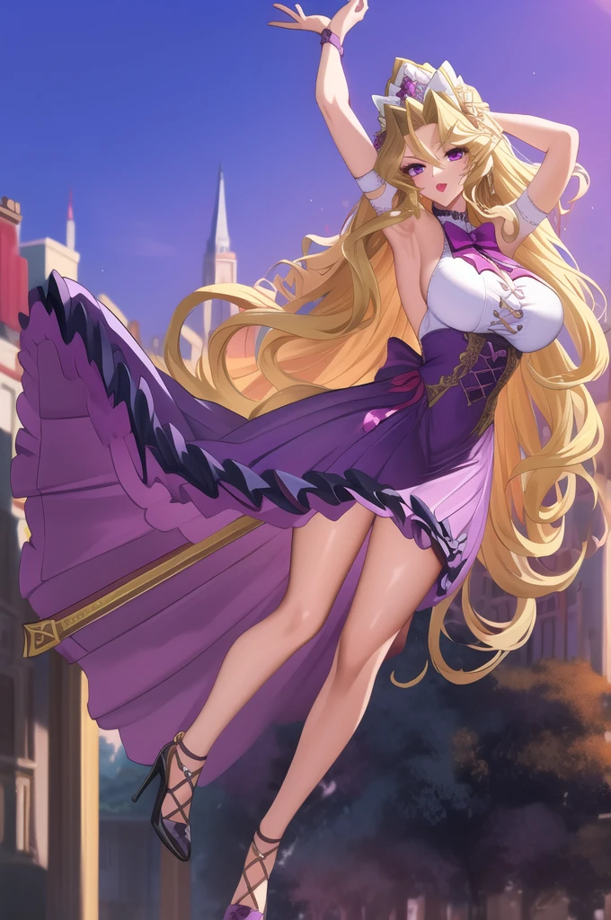 (masterpiece, best quality),  intricate details 1girl,   Mai valentine long hair, blonde hair, joy, purple eyes, toys, makeup, huge breasts maid outfits maid wearing high heels , maid tiara black lipstick big breasts all nude body , in the middle of the city , holding a golden sword pose leaning forward looking at you 