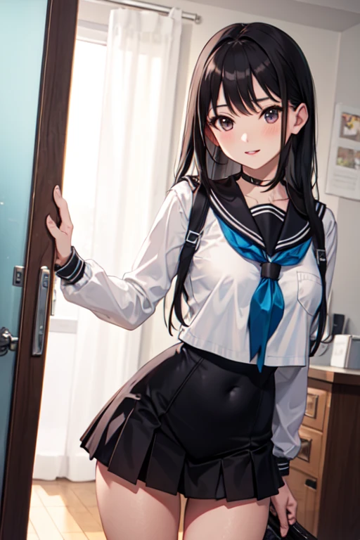 Beautiful illustration、top-quality、Cute little girl s、In the street、8k、Black hair、length hair、(((a black pleated skirt)))、(((Black sailor suit)))、shortsleeves、Colossal tits、a navel、Open your legs with your hands、Pull up your skirt and show your panties、bare-legged、blue eyess、on the beds、lovely thighs、glowing thigh