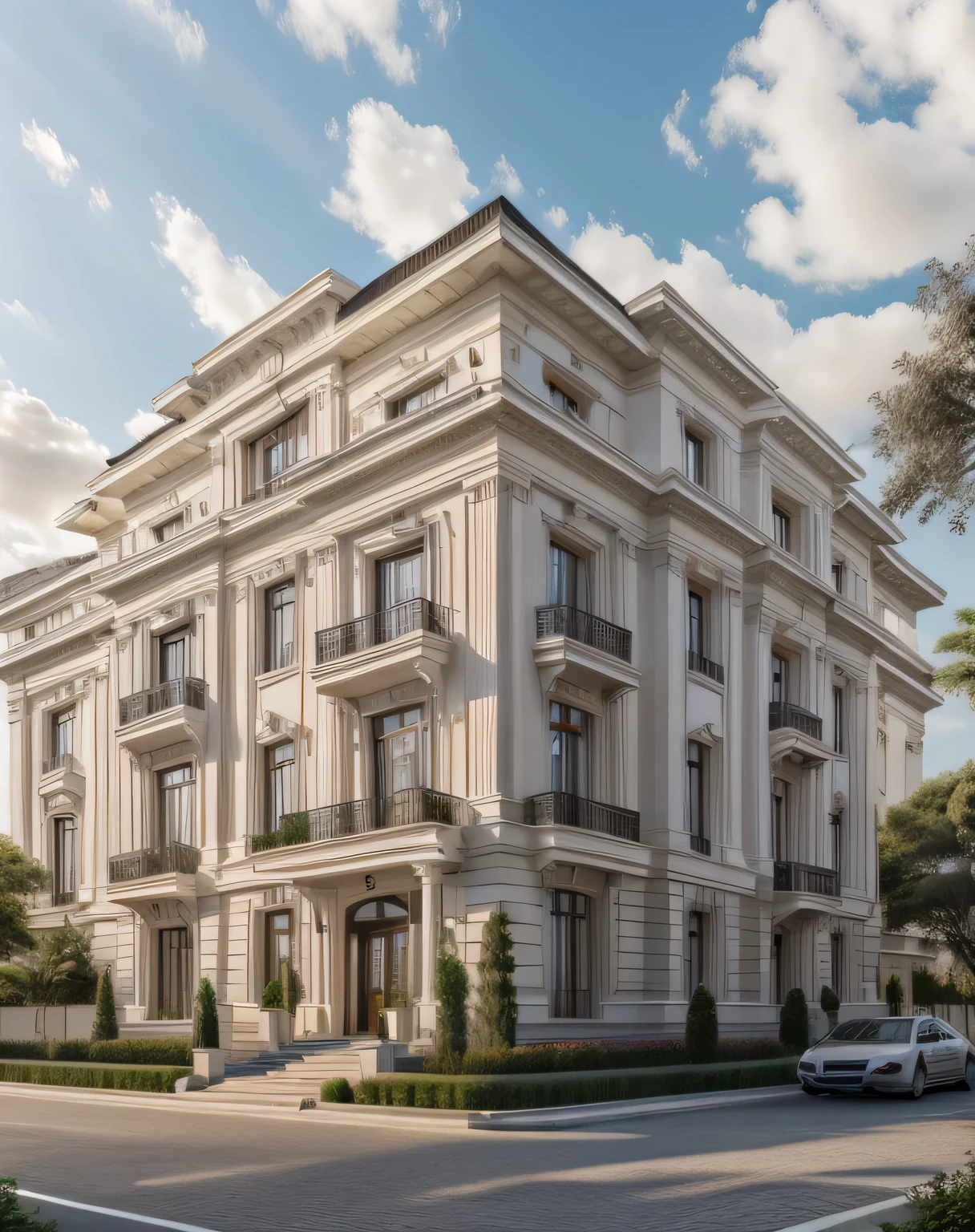 ultra realistic, best quality, ultra highres,
neoclassical_exterior, modern villa, traffic street, cloud sky, daylight