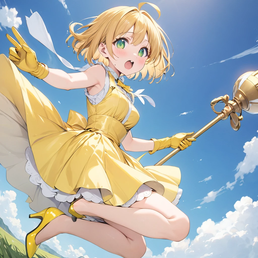 masterpiece, Best Quality, High resolution, Sakura Kinomoto, One Girl, Golden Hair, short hair, Antenna Hair, Ahoge, Crown, Green Eyes, Yellow patent leather dress, Sleeveless, Yellow patent leather gloves,Circular skirt,White panniers,Retention Staff, Open your mouth, Cowboy Shot, blue sky,Yellow patent leather dress,Gold border,Blue pattern,Bright,Shiny material,Yellow patent leather strap pumps,Jumping,Displeased,High angle,grassland