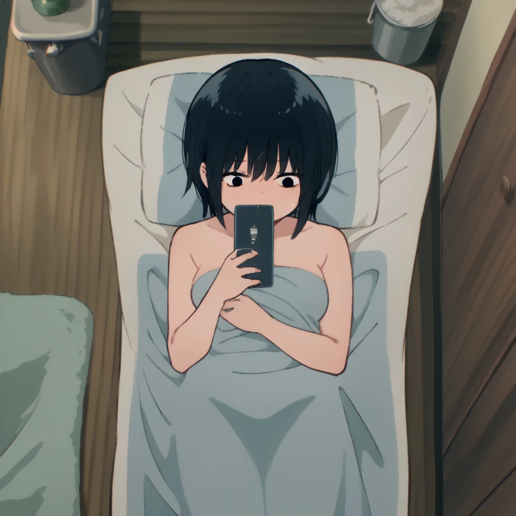 score_9, score_8_above, 1 , wrapped in a towel, medium breasts, holding phone