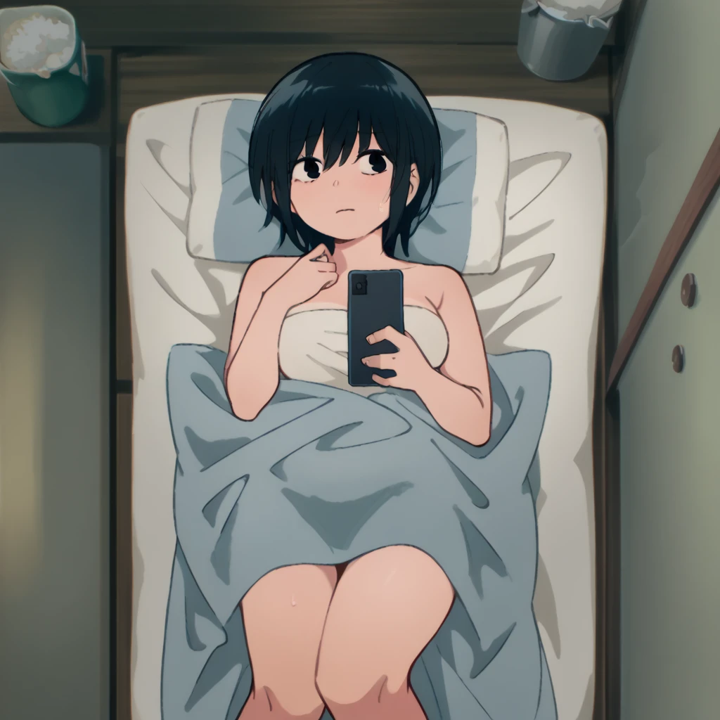 score_9, score_8_above, 1 , wrapped in a towel, medium breasts, holding phone