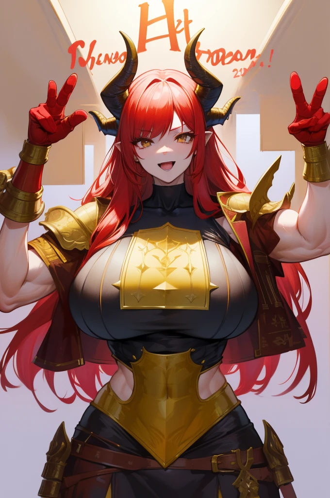 red hair,  muscular, Standing ,wild, mature woman with big breasts, Dragon Goddess , monster girl, horns all over body , big breasts, wearing a yellow short draconian armor with black details ,  squatting pose with hands on your breasts , with the tongue out in a sign of mischievous denunciation 