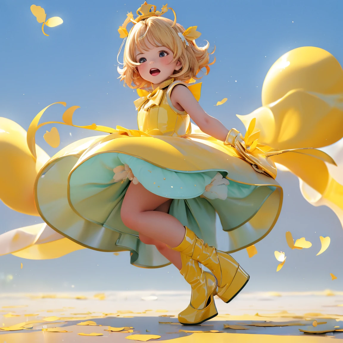 masterpiece, Best Quality, High resolution, Sakura Kinomoto, One Girl, Golden Hair, short hair, Antenna Hair, Ahoge, Crown, Green Eyes, Yellow patent leather dress, Sleeveless, Yellow patent leather gloves,Circular skirt,White panniers,Retention Staff, Open your mouth, Cowboy Shot, blue sky,Yellow patent leather dress,Gold border,Blue pattern,Bright,Shiny material,Yellow patent leather strap pumps,Jumping,Displeased,High angle,grassland