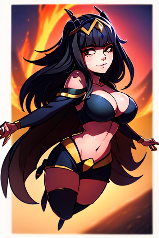 {{masterpiece, ultra-high quality, ultra detailed CG,}} perfect character fusion, outfit fusion, not wearing a swimsuit, sunset, beach, Tharja, Tharja (Fire Emblem), Millie, Millie (Helluva Boss), red tail, two imp horns, yellow sacella, black pupils, black straight hair, waist length hair, freckles, shoulder less outfit, heels, seductive smile, closed mouth, full body view, large breasts, official art, black thigh highs, looking at viewer