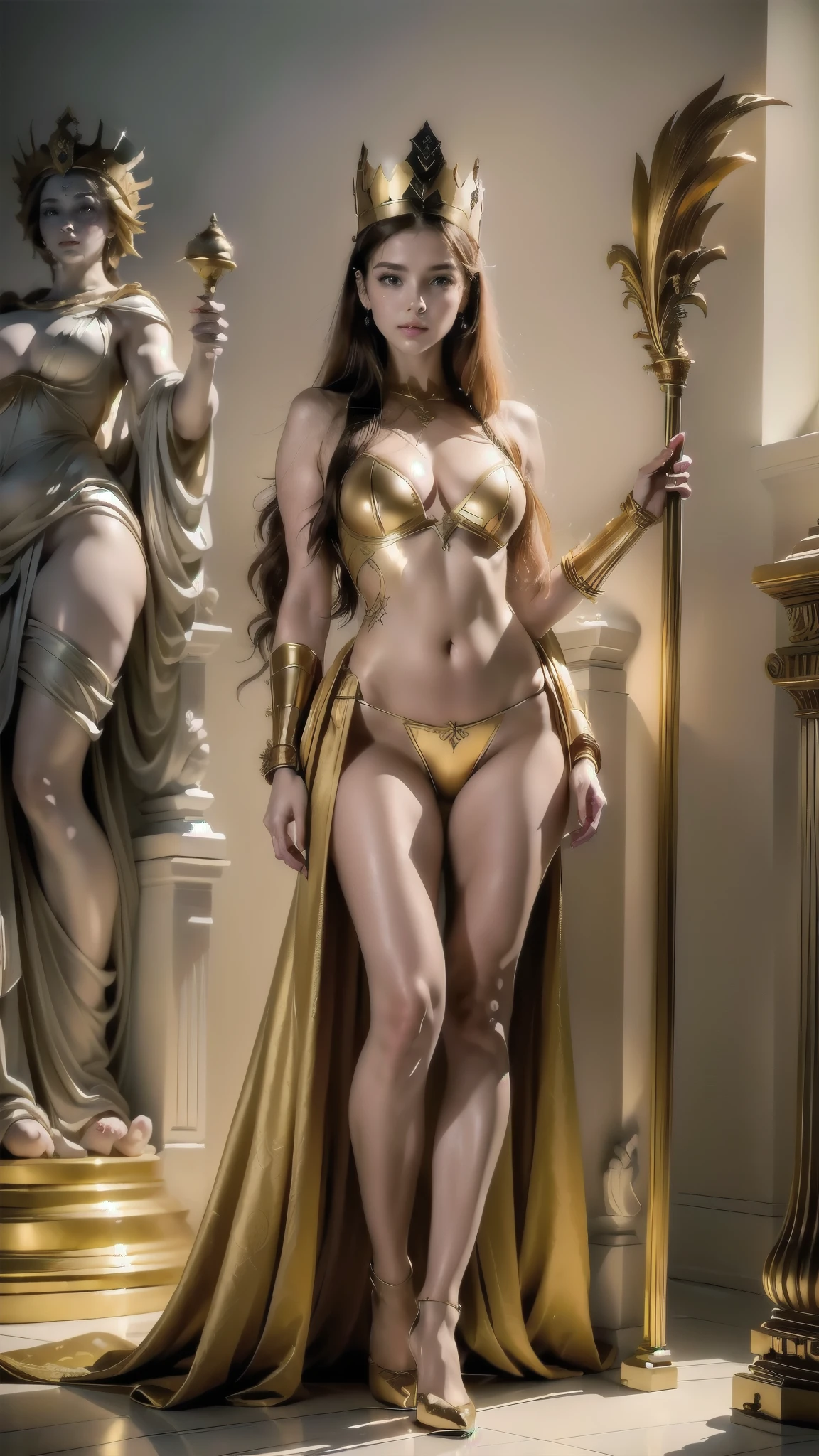 puffy woman in a white dress and a golden crown, a beautiful fantasy empress, red haired goddess, goddess. extremely high detail, beautiful maiden fantasy((a beautiful fantasy empress)), Beautiful fantasy art, fantasy art behance, beautiful maiden, beautiful goddess, epic fantasy art style hd, epic fantasy art style, fantasy art style, portrait of a beautiful goddess, PERSEPHONE, Persephone, Persephone, hyperrealistic body proportions, (Chapped lips:1.4), (blush de nariz:1.2), foreshortening, black cuts, (eye contact), High contrast, ultra high resolution, high resolution, detailed, rosto limpo,  (rosto sensual:1.5), (Grandes olhos roxos:1.2), (olhos ultra detalhados:1.4), (Olhos de alta resolução:1.1), (textura de pele ultra detalhada:1.4), PERSEPHONE, PERSÉFONE, Perséfone, (SFW:1.5),  (full body:1.8), (upper body up:0.3), (hyper realistic:1.4), (realistic:1.3), (best quality real texture skin), Detailed eyes, detailed face,
