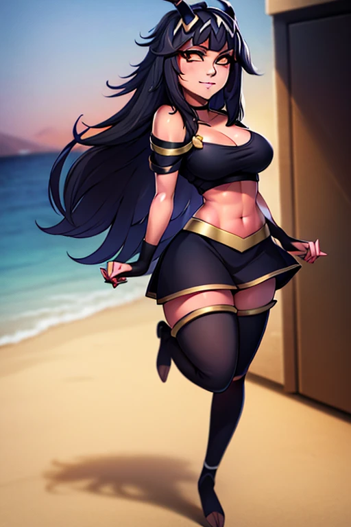 {{masterpiece, ultra-high quality, ultra detailed CG,}} perfect character fusion, outfit fusion, not wearing a swimsuit, sunset, beach, Tharja, Tharja (Fire Emblem), Millie, Millie (Helluva Boss), red tail, two imp horns, yellow sacella, black pupils, black straight hair, waist length hair, freckles, shoulder less outfit, heels, seductive smile, closed mouth, full body view, large breasts, official art, black thigh highs, looking at viewer