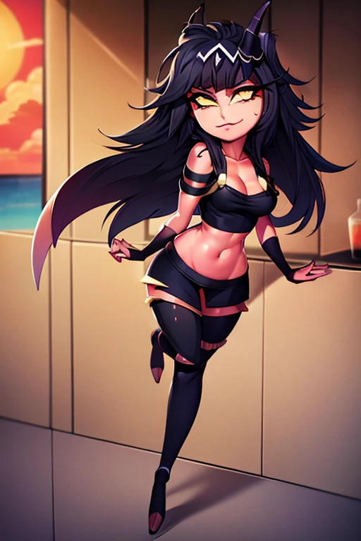 {{masterpiece, ultra-high quality, ultra detailed CG,}} perfect character fusion, outfit fusion, not wearing a swimsuit, sunset, beach, Tharja, Tharja (Fire Emblem), Millie, Millie (Helluva Boss), red tail, two imp horns, yellow sacella, black pupils, black straight hair, waist length hair, freckles, shoulder less outfit, heels, seductive smile, closed mouth, full body view, large breasts, official art, black thigh highs, looking at viewer