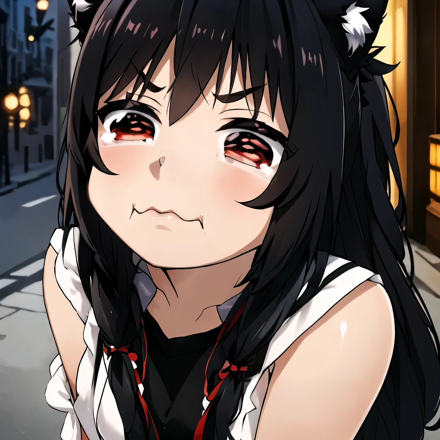 masterpiece, highres, The best quality, ultra-Detailed, perfect lighting, Remember, casual clothing, junkotvv, black hair, cat ears, red eyes