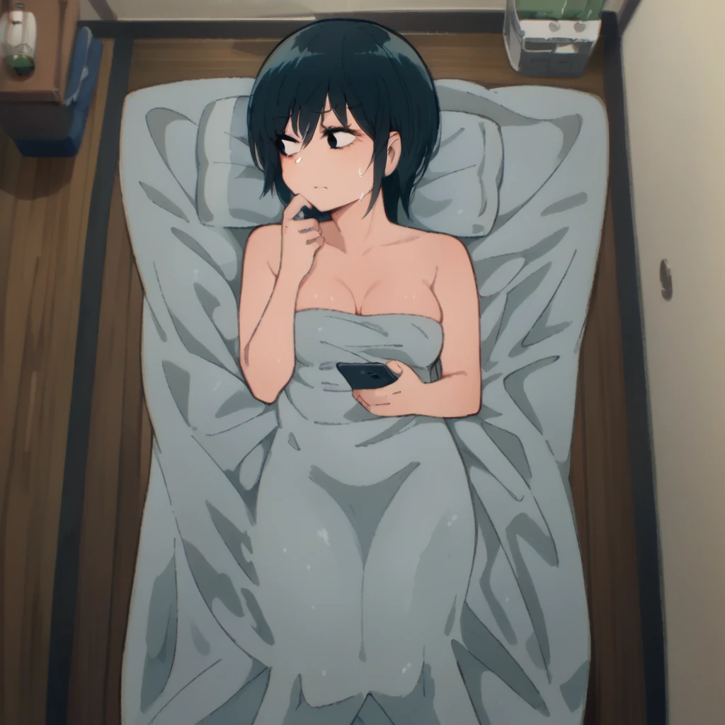 score_9, score_8_above, 1 , wrapped in a towel, medium breasts, holding phone