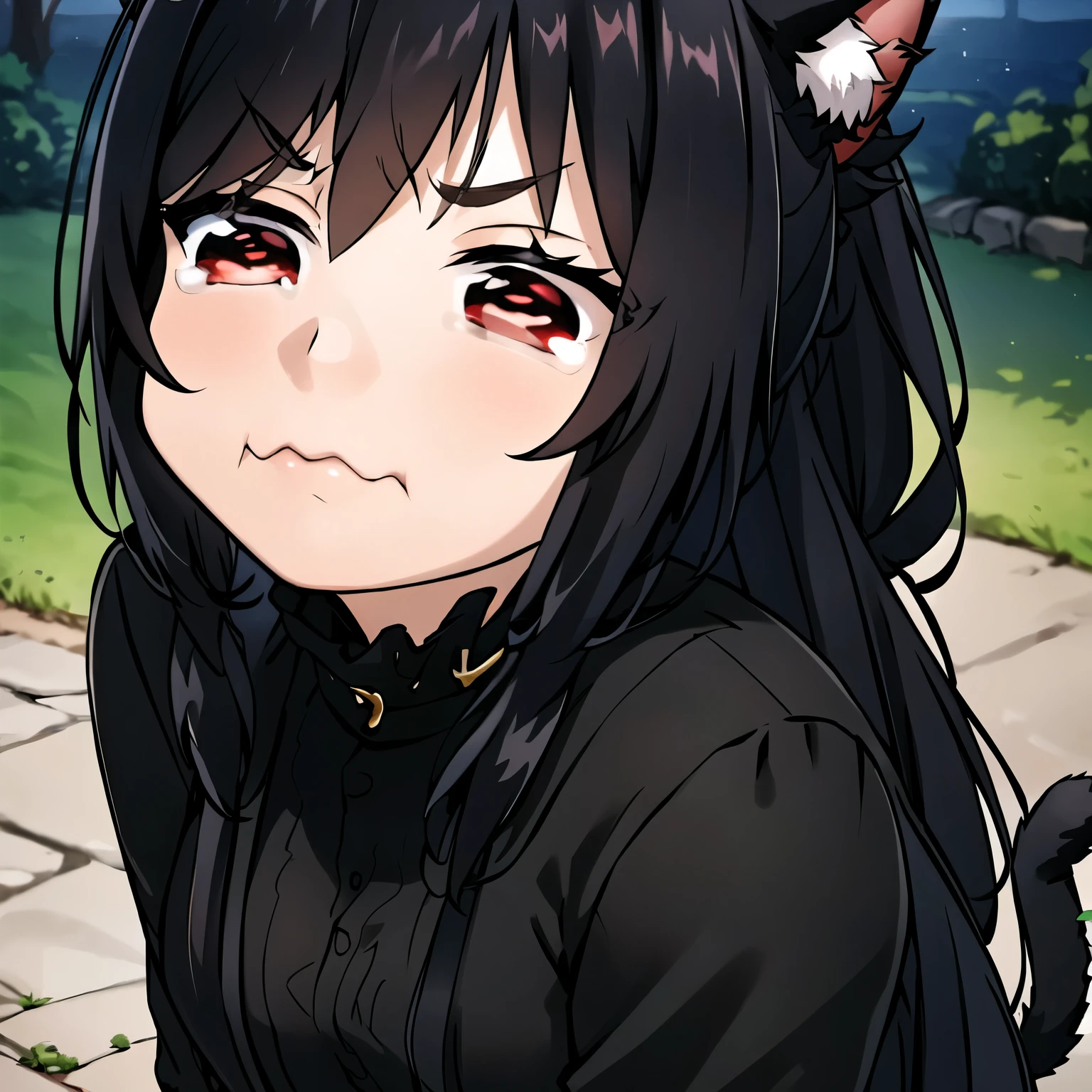 masterpiece, highres, The best quality, ultra-Detailed, perfect lighting, Remember, casual clothing, junkotvv, black hair, cat ears, red eyes