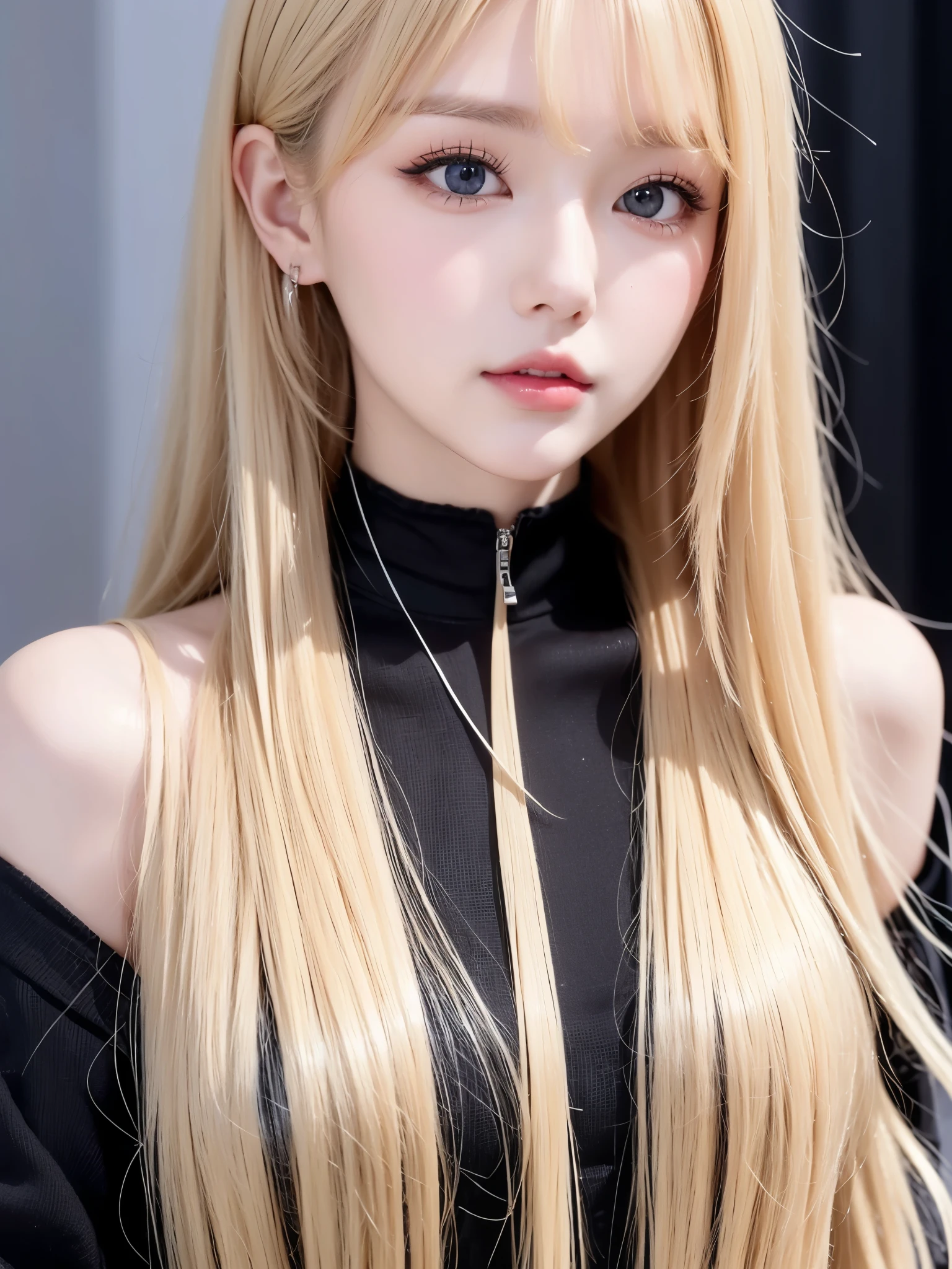 Close-up of a woman with long blonde hair and chalk, Ulzzang, Cruel Korean Goth Girl, She has a fringe of black hair, Korean Girl, Beautiful Korean Women, Cute Korean Face, Young and adorable Korean face, Korean facial features, Beautiful young Korean woman, Beautiful young Korean woman, Kurohime&#39;s hairstyle, ,(((Big Breasts,whole bodyショット,whole bodyショット,whole body,Glossy thighs,Cowboy Shot)))