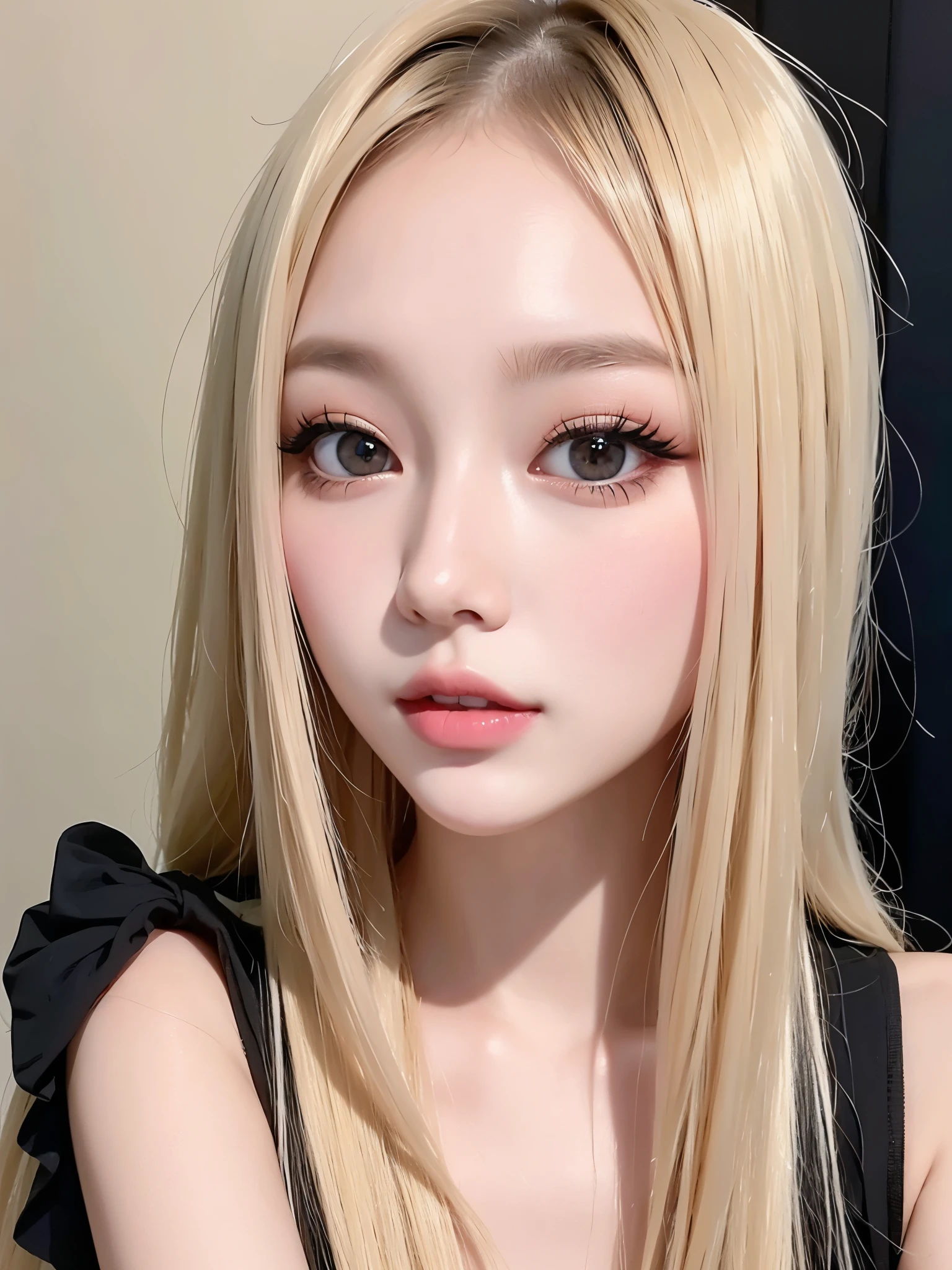 Close-up of a woman with long blonde hair and chalk, Ulzzang, Cruel Korean Goth Girl, She has a fringe of black hair, Korean Girl, Beautiful Korean Women, Cute Korean Face, Young and adorable Korean face, Korean facial features, Beautiful young Korean woman, Beautiful young Korean woman, Kurohime&#39;s hairstyle, ,(((Big Breasts,whole bodyショット,whole bodyショット,whole body,Glossy thighs,Cowboy Shot)))