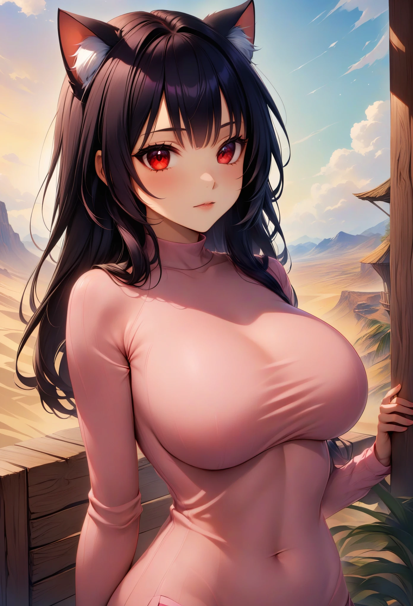 medium mouse pad, upper body, Alone, 1 girl, (junkotvvxl black hair, cat ears, red eyes) \(destination\), destination \(series\), expressionless, looking at the viewer, big breasts 