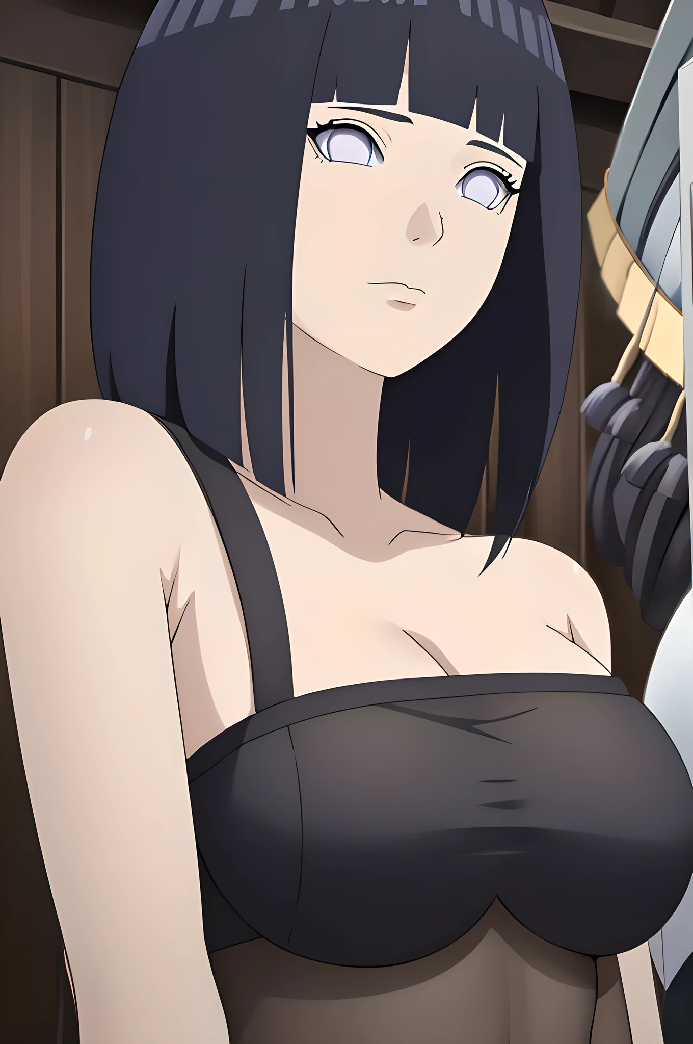 masterpiece, (intricate details), (colorful),cinematic lighting,extremely detailed CG unity 8k wallpaper ,hinata\(boruto\), 1girl,solo, large breasts, (hinata, hyuuga hinata, purple eyes, blunt bangs, black hair) big breasts, perfect breasts, large breasts, round breasts, sexy body, black bra, cleavage, bare shoulders, collarbone, underboob, plain background, close up shot, portrait, upper body shot, headshot, white backdrop, perfect eyes, glowing eyes, beautiful eyes, black background, simple background, no background , 