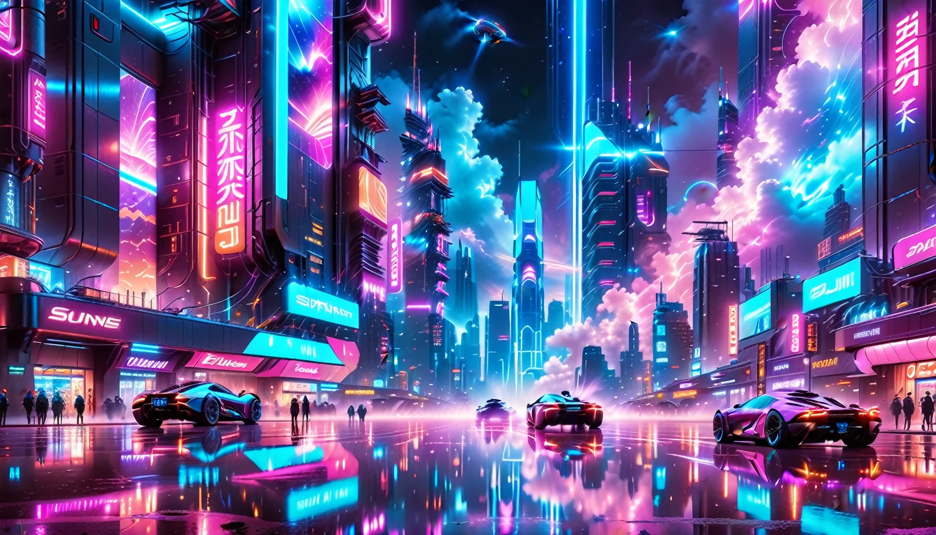 A Masterpiece In 32K Resolution, Supreme Quality, Super Detail, Official Art, Very High-Resolution 32K Wallpaper, Beautiful And Futuristic, Ultra-Detailed Features, Awe-Inspiring Detail. Neon-Lit, Cyberpunk Metropolis Set On A High-Tech, Advanced Planet.
The Scene Presents A Sprawling Cityscape Filled With Towering Skyscrapers, Bathed In A Glow Of Neon Lights. The Streets Are Alive With Flying Vehicles, Holographic Billboards, And Bustling Crowds Of Futuristic Beings. A Massive, Glowing Planet Hovers Above The City, Its Surface Reflecting The Neon Light Of The Metropolis Below. The Sky Is Filled With Swirling Clouds Of Bright Blues And Purples, Enhanced By The Luminescence Of Electric Circuits And Energy Grids. The Atmosphere Feels Vibrant, High-Tech, And Energetic, With A Sharp, Dynamic Quality Brought By The Use Of Long Exposure. Neon Blues, Purples, And Pinks Dominate The Scene, Creating A Vivid, Modern Aesthetic That Fuses Sci-Fi With Reality.